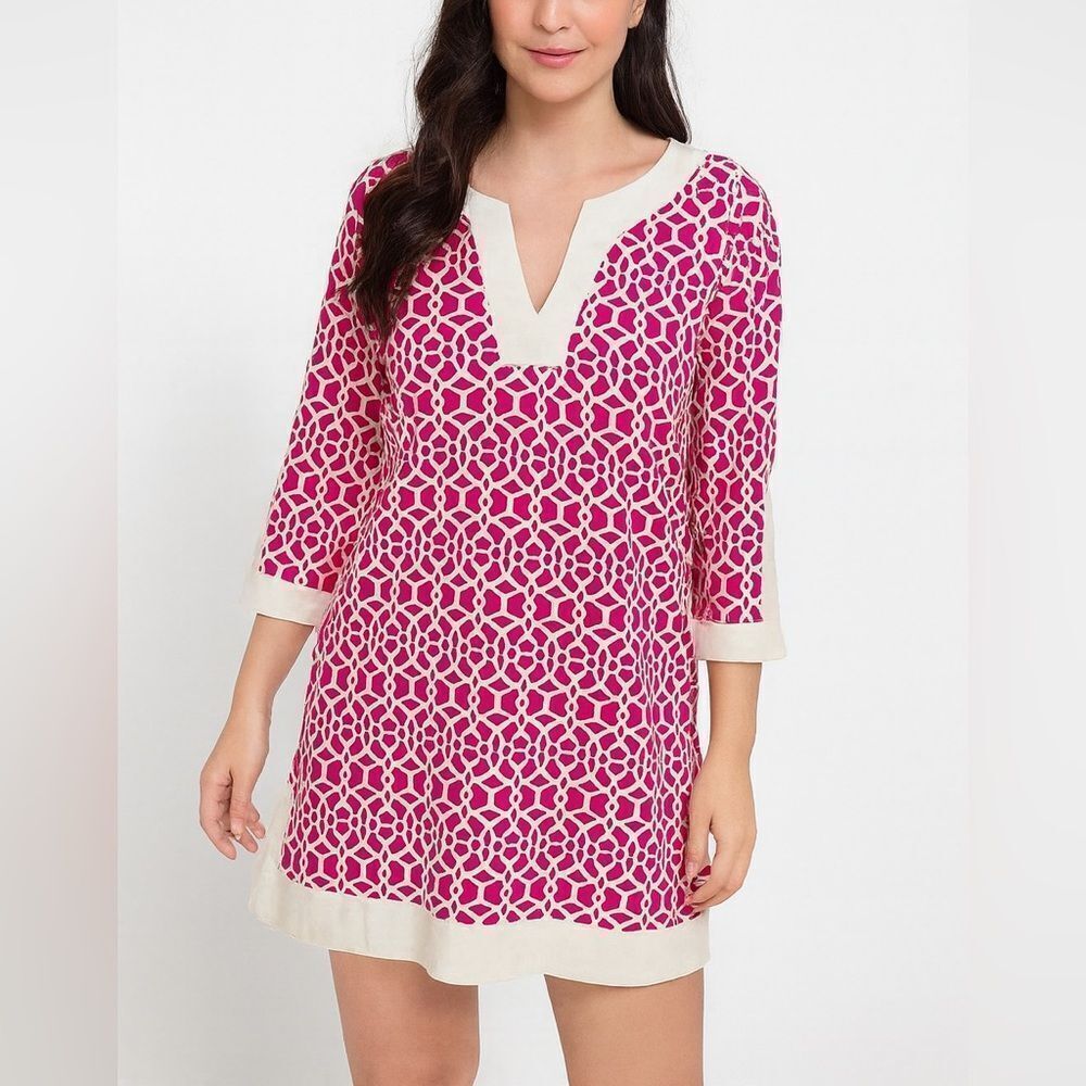 Jude Connally Pink Geometric Tunic Dress Size L Stretch Knit Made in USA